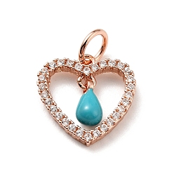 Turquoise Rack Plating Brass Micro Pave Cubic Zirconia Pendants, with Enamel and Jump Ring, Long-Lasting Plated, Rose Gold, Heart, Cadmium Free & Nickel Free & Lead Free, Turquoise, 12.5x12x1.5~3mm, Jump Ring: 5x0.7mm, Hole: 3.4mm