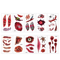 Rouge Autocollant de tatouage temporaire amovible thème halloween, Tatouages de corps de visage effrayant pour hommes femmes fournitures de décoration de fête cosplay, rouge, 10.5x6 cm, 10 pièces / kit