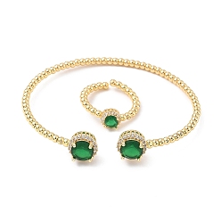 Темно-Зеленый Круглые латунные браслеты-манжеты и кольца с микропаве из кубического циркония для женщин, стойки покрытие, реальный 18 k позолоченный, темно-зеленый, браслет: 3~10.5ширина мм, внутренний диаметр: 50x57 мм