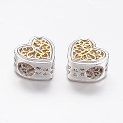 Platinum & Golden Brass European Beads, Large Hole Beads, Heart, Real Platinum Plated & Real 18K Gold Plated, 11x12x7mm, Hole: 4.5mm
