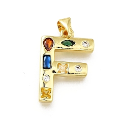 Letter F Латунные микропаве прозрачные подвески с фианитом, с целью перехода в кольце, без свинца и без кадмия, долговечный, стойки покрытие, письмо амулеты, реальный 18 k позолоченный, Буква F, 19~21x9.5~20x2.7 мм, Перейти кольцо: 5x1 мм, 3 mm внутреннего диаметра.