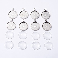 Antique Silver DIY Pendant Making, Tibetan Style Alloy Pendant Cabochon Settings and Transparent Glass Cabochons, Flat Round, Antique Silver, Tray: 25mm, 36.5x28x3mm, Hole: 7x4mm, 24.5~25x6~7mm