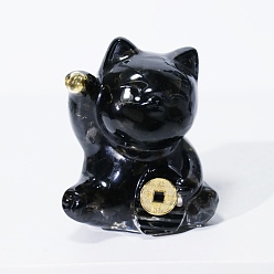 Obsidienne Décorations d'exposition artisanales en puces d'obsidienne naturelle et en résine, figurine de chat porte-bonheur, pour la maison ornement feng shui, 63x55x45mm