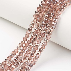 Light Coral Electroplate Transparent Glass Beads Strands, Half Copper Plated, Faceted, Rondelle, Light Coral, 3.5x3mm, Hole: 0.4mm, about 123~127pcs/strand, 13.7~14.1 inch(35~36cm)