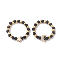 Black Glass Stretch Rings with Golden Plated Star & Moon Brass Beads, Black, 3.5mm, Inner Diameter: US Size 8 1/2(18.5mm)