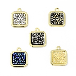 Mixed Color Rhinestone Pendants, with Light Gold Plated Brass Findings, Square, Cadmium Free & Lead Free, Mixed Color, 17x15x3mm, Hole: 1.8mm