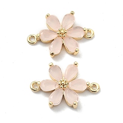 Pink Brass Pave Cubic Zirconia Connector Charms, Flower Links, Real 18K Gold Plated, Pink, 17x11.5x3.5mm, Hole: 1mm