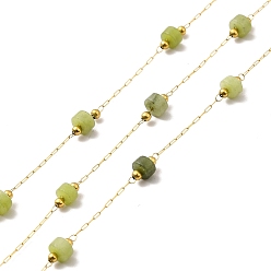 Peridot Ion Plating(IP) 316 Surgical Stainless Steel Paperclip Chains, with Natural Peridot Column Beads, Soldered, Real 18K Gold Plated, with Spool, Link: 2.5x1x0.3mm