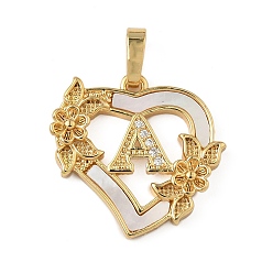 Letter A Латунь микропаве фианиты с подвесками-ракушками, Сердце и письмо, долговечный, без свинца и без кадмия, стойки покрытие, буква a, 20x20.5x3 мм, отверстие : 3.5x5 мм