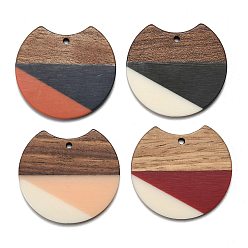 Mixed Color Two Tone Resin & Walnut Wood Pendants, Gap Flat Round, Mixed Color, 33~34x37x3~4mm, Hole: 1.8~2mm