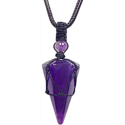 Amethyst Natural Amethyst Cone Pendant Necklaces, Wax String Macrame Pouch Necklace, 20.08~31.50 inch(51~80cm)