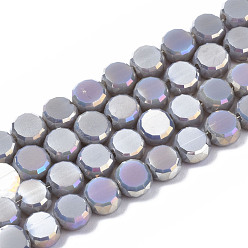 Dark Gray Electroplate Glass Beads Strands, AB Color Plated, Faceted, Flat Round, Dark Gray, 5.5x6x3.5mm, Hole: 1.2mm, about 98~100pcs/strand, 19.84~21.65 inch(50.4cm~55cm)