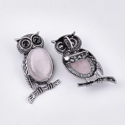Rose Quartz Natural Rose Quartz Brooches/Pendants, with Rhinestone and Alloy Findings, Owl, Antique Silver, 51x28~29x15~16.5mm, Hole: 4.5x8.5mm, Pin: 0.5mm