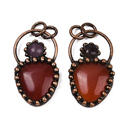 Красный Агат Подвески из натурального сердолика (окрашенного и нагретого) и натурального аметиста, слезинки, с латунной, Красная медь, 40.5~42x23~23.5x6~6.5 мм, отверстие : 6 мм