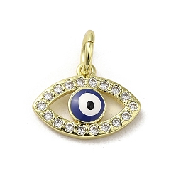 Midnight Blue Brass Micro Pave Cubic Zirconia Charms, with Enamel, with Jump Ring, Real 18K Gold Plated, Evil Eye, Midnight Blue, 10.5x14.5x2.5mm, Hole: 3.6mm