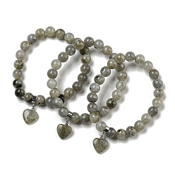 Лабрадорита 8.5круглые эластичные браслеты из натурального лабрадорита диаметром 1 мм., Женские браслеты с подвесками в виде сердечек с латунными дужками, внутренний диаметр: 2-1/8 дюйм (5.5 см)