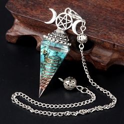 Synthetic Turquoise Synthetic Turquoise Chip & Resin Orgonite Dowsing Pendulum Big Pendants, with Platinum Plated Metal Triple Moon Pentagram, Hexagonal Cone Charm Charm, 300mm