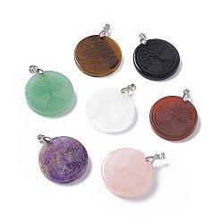 Mixed Stone Natural Mixed Stone Pendants, Flat Round Charms with Tree of Life Pattern, with Rack Plating Platinum Tone Brass Findings, Cadmium Free & Lead Free, 30x4~8mm, Hole: 4x4mm