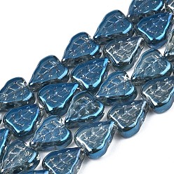 Blue Plated Electroplate Glass Beads Strands, Half Plated, Leaf, Blue Plated, 10x8x4mm, Hole: 0.9mm, about 58~66pcs/strand, 21.65 inch~ 24.80 inch(55~63cm)