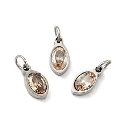 PeachPuff 304 Stainless Steel Pendants, with Cubic Zirconia and Jump Rings, Single Stone Charms, Oval, Stainless Steel Color, PeachPuff, 10x5x3mm, Hole: 3.4mm