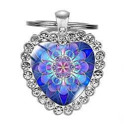 Dodger Blue Heart Rhinestone Time Gem Glass Keychain, Yoga Mandala Flower Pendant Keychain, with with Alloy Findings, Dodger Blue, 2.5cm