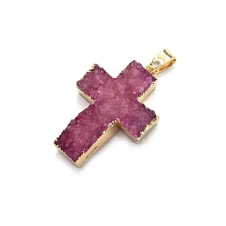 Old Rose Natural Druzy Agate Pendants, Dyed, Religion Cross Charms with Golden Tone Metal Findings, Old Rose, 31x23mm
