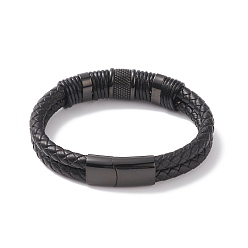 Electrophoresis Black Leather Braided Cord Bracelets, with 304 Stainless Steel Magnetic Clasps, Black, Electrophoresis Black, 8-5/8 inch(22cm), 12.5mm