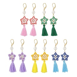Mixed Color Glass Pearl Beaded Star with Tassel Dangle Leverback Earrings, Golden 304 Stainless Steel Jewelry for Women, Mixed Color, 82mm, Pin: 0.9x0.6mm