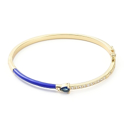 Medium Blue Enamel Teardrop Hinged Bangle with Cubic Zirconia, Golden Brass Jewelry, Medium Blue, Inner Diameter: 2x2-3/8 inch(5.05x5.9cm)