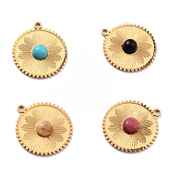 Mixed Stone Natural Gemstone Pendants, with Ion Plating(IP) 304 Stainless Steel Findings, Real 24K Gold Plated, Flat Round, 20x18x3mm, Hole: 1.4mm