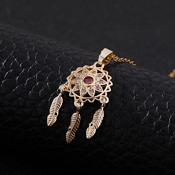 C Boho Fringe Dreamcatcher Pendant Necklace with CZ Stones, Gold Plated Sweater Chain Jewelry