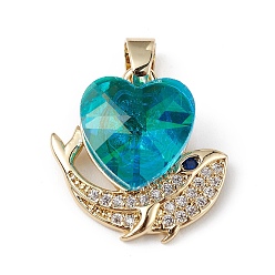 Cyan Real 18K Gold Plated Rack Plating Brass Micro Pave Cubic Zirconia Pendants, with Glass, Long-Lasting Plated, Cadmium Free & Lead Free, Heart & Whale, Cyan, 19x19x8mm, Hole: 5x3mm