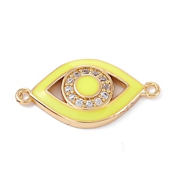 Yellow Brass Micro Pave Clear Cubic Zirconia Links, with Enamel, Golden, Long-Lasting Plated, Eye, Yellow, 25x13x3mm, Hole: 1.5mm