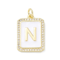 Letter N Brass Enamel Micro Pave Clear Cubic Zirconia Pendants, with Jump Ring, Real 18K Gold Plated, Rectangle Charm, Letter N, 20x13.5x2mm, Hole: 3.4mm