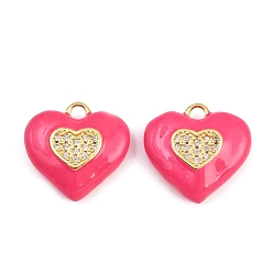 Ярко-Розовый Латунные микро проложить кубического циркония подвески, сердце, с эмалью, реальный 18 k позолоченный, без кадмия и без свинца, стойки покрытие, долговечный, ярко-розовый, 19x20x6 мм, отверстие : 2 мм