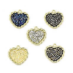 Mixed Color Rhinestone Pendants, with Light Gold Plated Brass Findings, Heart, Cadmium Free & Lead Free, Mixed Color, 21.5x21.5x3mm, Hole: 1.8mm