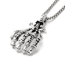 Antique Silver Alloy Skull Hands Pandant Necklace with Box Chains, Gothic Jewelry for Men Women, Antique Silver, 23.54 inch(59.8cm)