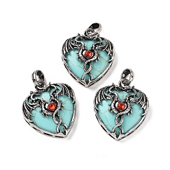 Synthetic Turquoise Synthetic Turquoise Pendants, Heart Charms, with Rack Plating Antique Silver Tone Hyacinth Rhinestone Dragon Wing Findings, 36.5~37.5x32~32.5x9.5~10.5mm, Hole: 8.5x5.5mm