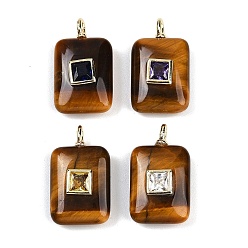 Тигровый глаз Природных тигровый глаз подвески, прямоугольные подвески с латунной микропаве кубическими цирконами случайных цветов, золотые, 21x12x6 мм, отверстие : 2x1 мм