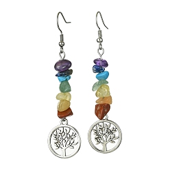 Flat Round Natural & Synthetic Mixed Stone Chips Dangle Earrings, Tibetan Style Alloy Tree of Life Drop Earrings with 316 Surgical Stainless Steel Pins, Flat Round, 65x17mm