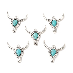 Antique Silver Synthetic Turquoise Pendants, with Alloy Findings, Cattle Head Charms, Antique Silver, 36.5x35.5x8mm, Hole: 2.6mm
