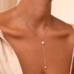 Silver Stainless Steel Cable Chains Lariat Necklace, with Plastic Pearl Beaded, Silver, 16.54 inch(42cm)