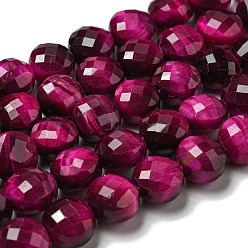 Fuchsia Natural Tiger Eye Beads Strands, Faceted, Dyed, Flat Round, Fuchsia, 10x7~7.5mm, Hole: 1.2mm, about 38pcs/strand, 14.92''(37.9cm)