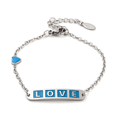 Темно-Голубой 201 браслеты в форме сердца и прямоугольника из нержавеющей стали со звеньями Word Love, женские браслеты с эмалью, глубокое синее небо, 6-1/2 дюйм (16.5 см)