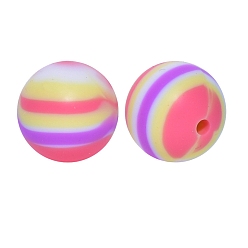 Cerise Round with Stripe Print Pattern Food Grade Silicone Beads, Silicone Teething Beads, Cerise, 15mm