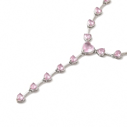 Platinum Pink Cubic Zirconia Heart Link Chain Lariat Necklace, Rack Plating Brass Jewelry for Women, Cadmium Free & Lead Free, Platinum, 18.90 inch(48cm)