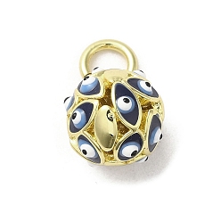 Prussian Blue Brass Enamel Charms, with Jump Ring, Real 18K Gold Plated, Round with Evil Eye Charm, Prussian Blue, 12.5x10mm, Hole: 3.6mm