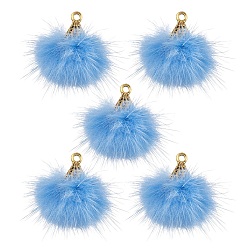 Bleu Bleuet Décorations pendantes de pompon en fausse fourrure de vison, avec les accessoires en alliage d'or antique, bleuet, 20~30x28~30mm, Trou: 1.8mm