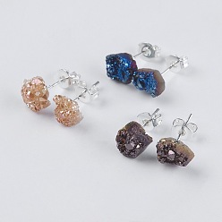 Mixed Color Brass Ear Stud Components, with Natural Druzy Agate, Nuggets, Silver Color Plated, Mixed Color, 6~9x5~8.5x3~7mm, Pin: 0.7mm