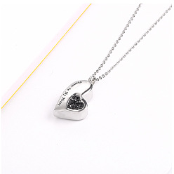 Black Urn Ashes Necklace, Cubic Zirconia Heart with Word Forever In My Heart Pendant Necklace, Stainless Steel Memorial Jewelry for Women, Black, 19.69 inch(50cm)